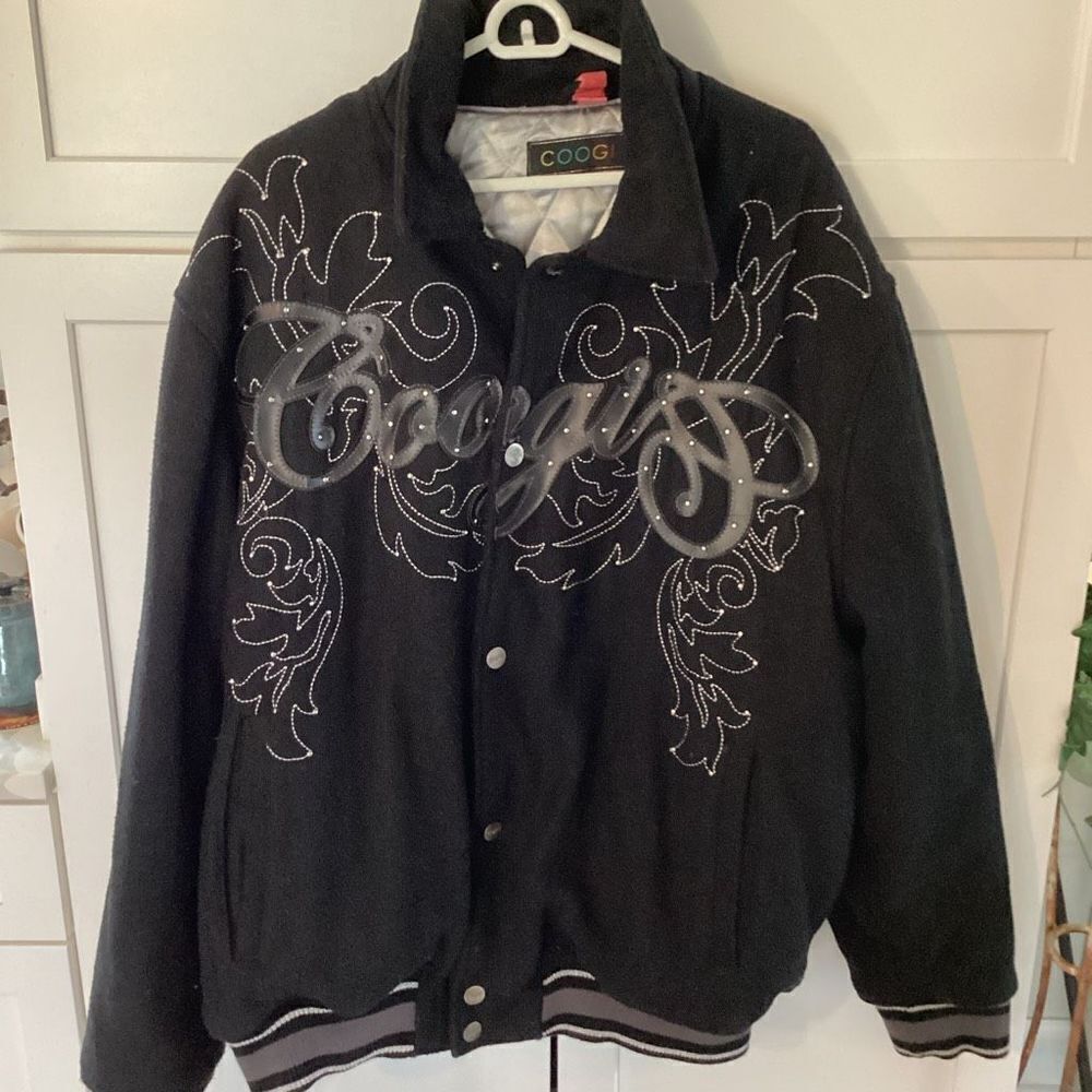 COOGI Black Varsity Bomber Jacket with Silver Embroidery